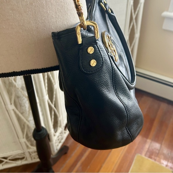 Tory Burch Amanda Black Pebbled Leather Convertible Hobo Satchel Gold Logo - Picture 7 of 16